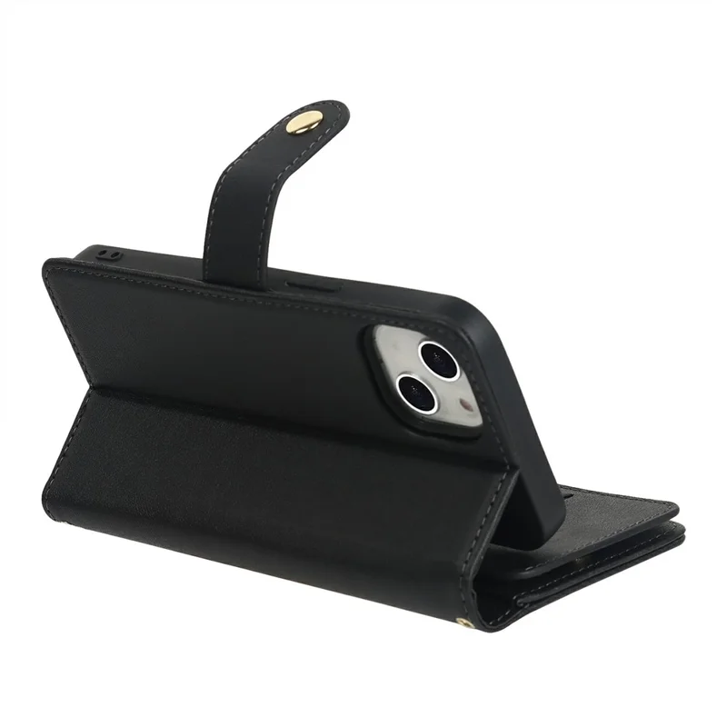 For iPhone 15 Stand Case PU Leather Phone Cover with Straps  /  Zipper Wallet  /  Multiple Card Slots - Black