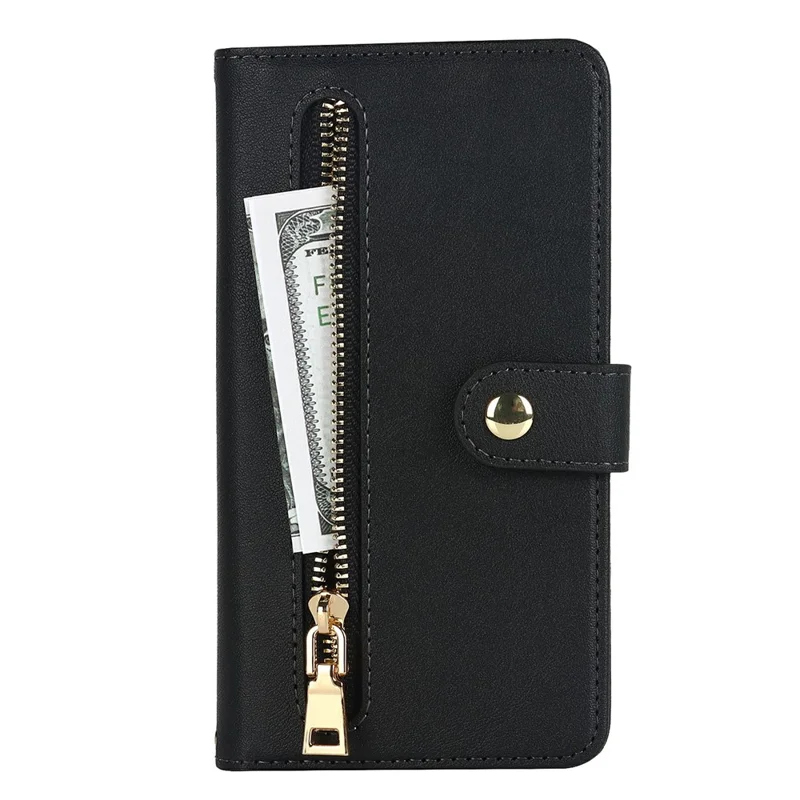For iPhone 15 Stand Case PU Leather Phone Cover with Straps  /  Zipper Wallet  /  Multiple Card Slots - Black