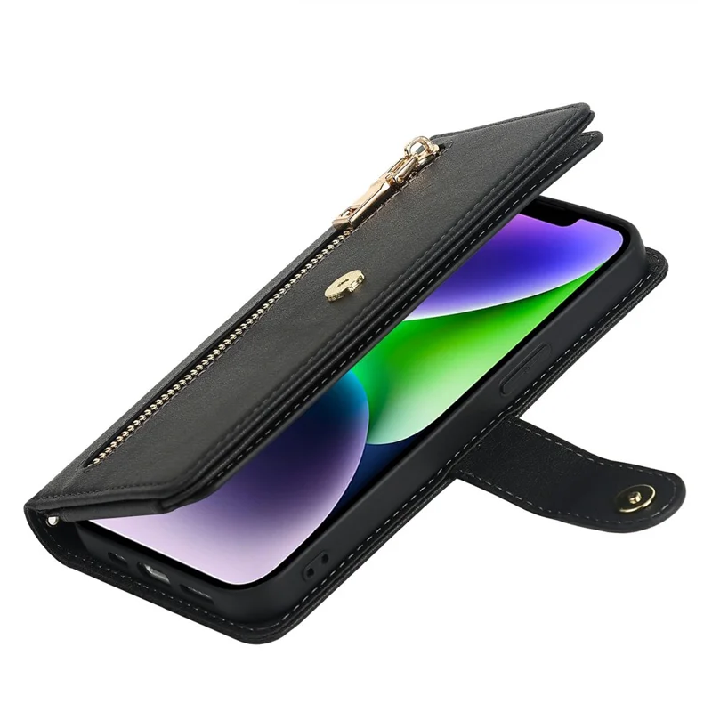 For iPhone 15 Stand Case PU Leather Phone Cover with Straps  /  Zipper Wallet  /  Multiple Card Slots - Black