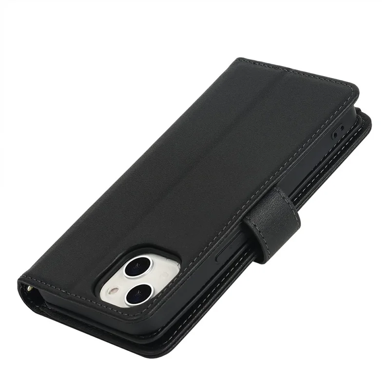For iPhone 15 Stand Case PU Leather Phone Cover with Straps  /  Zipper Wallet  /  Multiple Card Slots - Black
