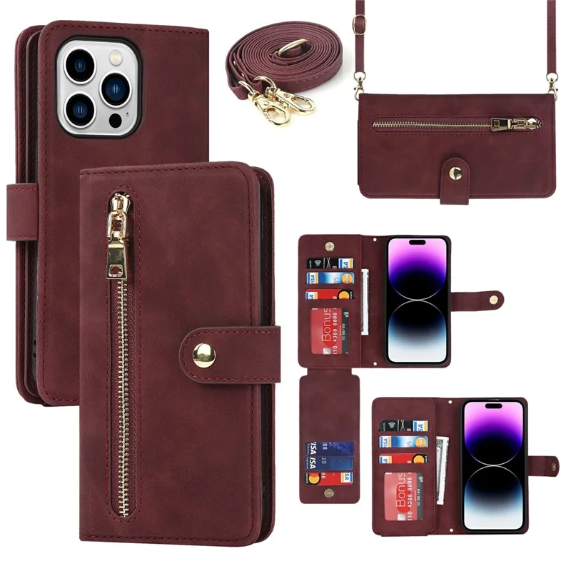For iPhone 15 Pro Stand Case PU Leather Phone Cover with Straps  /  Zipper Wallet  /  Multiple Card Slots - Wine Red