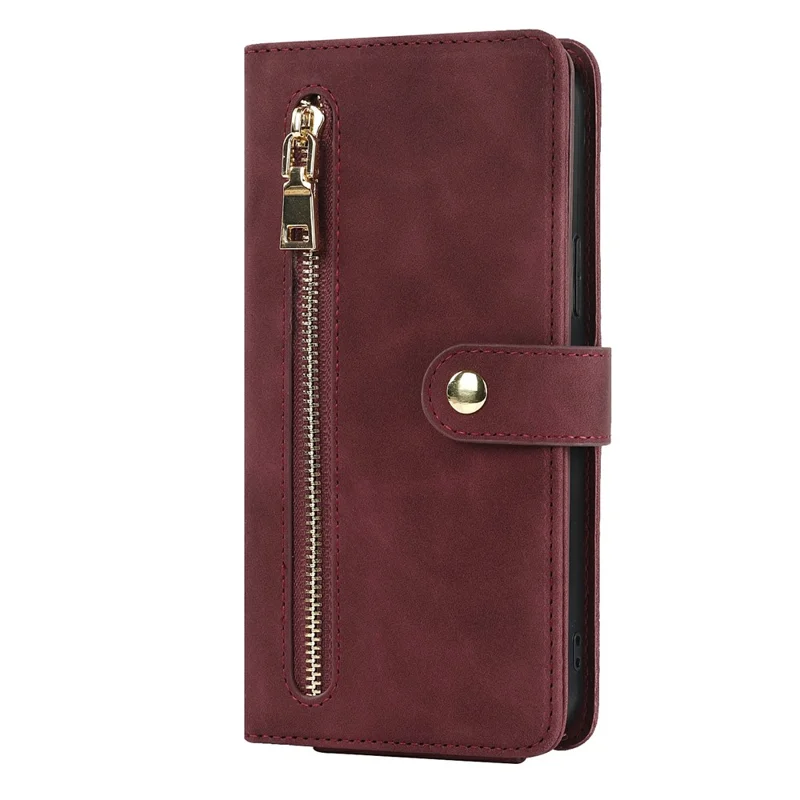 For iPhone 15 Pro Stand Case PU Leather Phone Cover with Straps  /  Zipper Wallet  /  Multiple Card Slots - Wine Red