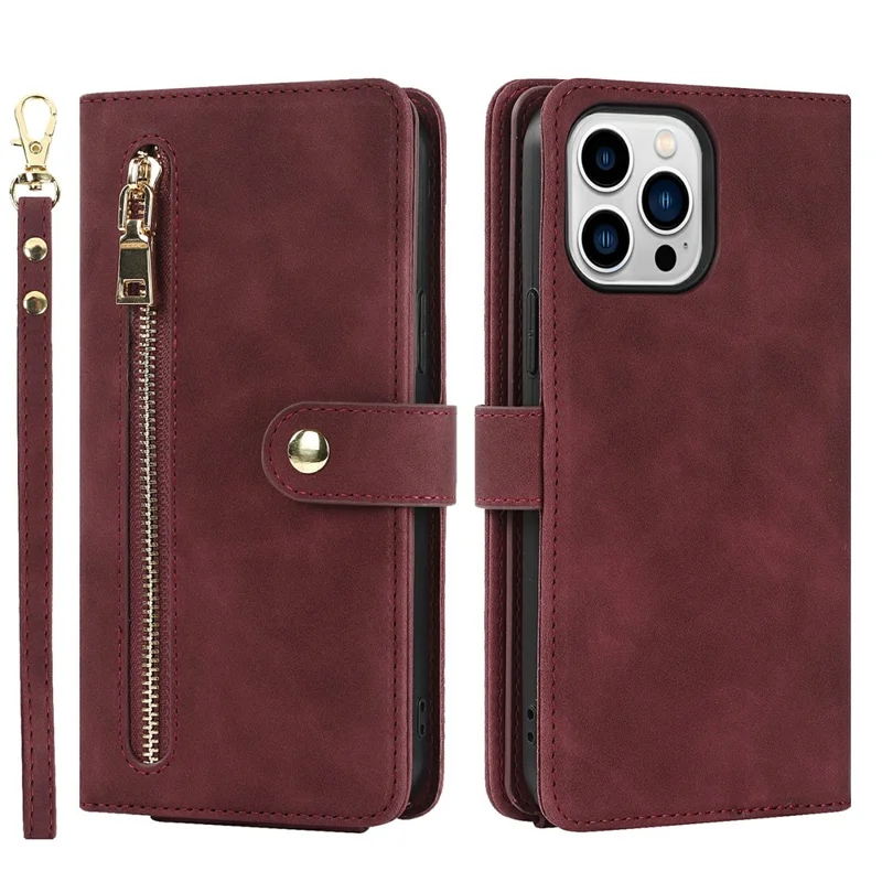 For iPhone 15 Pro Stand Case PU Leather Phone Cover with Straps  /  Zipper Wallet  /  Multiple Card Slots - Wine Red