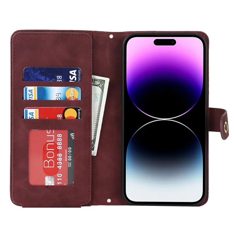 For iPhone 15 Pro Stand Case PU Leather Phone Cover with Straps  /  Zipper Wallet  /  Multiple Card Slots - Wine Red
