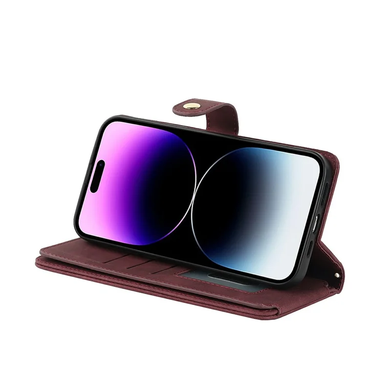 For iPhone 15 Pro Stand Case PU Leather Phone Cover with Straps  /  Zipper Wallet  /  Multiple Card Slots - Wine Red