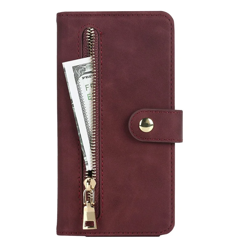 For iPhone 15 Pro Stand Case PU Leather Phone Cover with Straps  /  Zipper Wallet  /  Multiple Card Slots - Wine Red