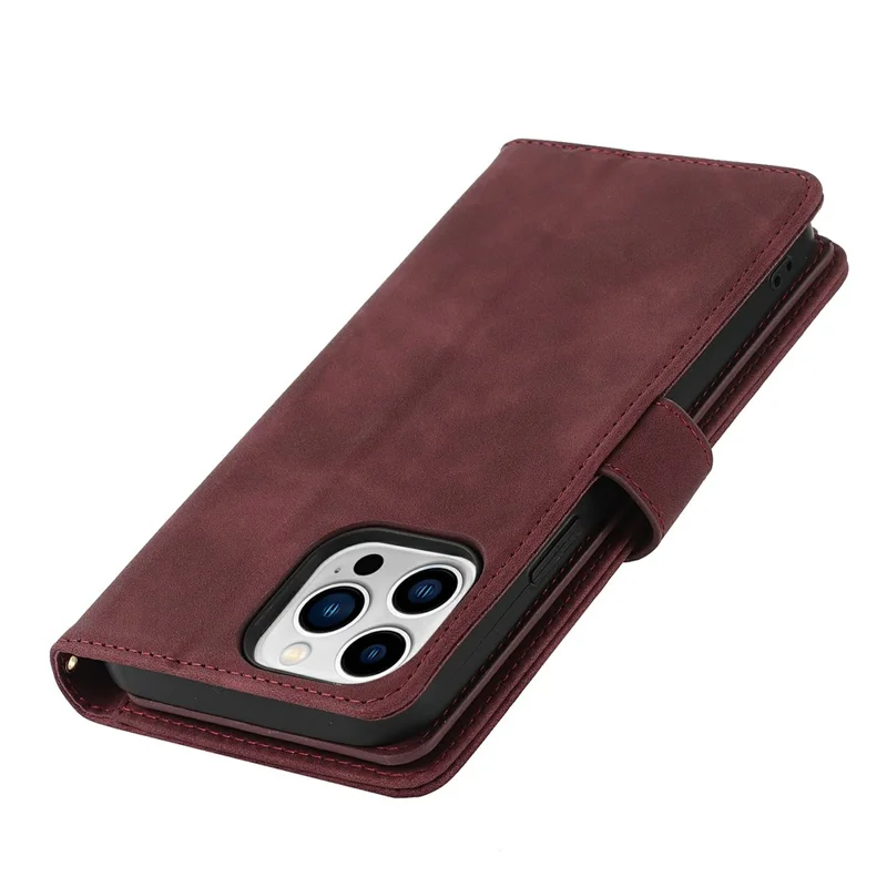 For iPhone 15 Pro Stand Case PU Leather Phone Cover with Straps  /  Zipper Wallet  /  Multiple Card Slots - Wine Red