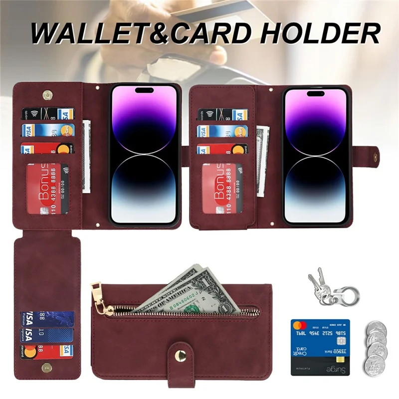 For iPhone 15 Pro Stand Case PU Leather Phone Cover with Straps  /  Zipper Wallet  /  Multiple Card Slots - Wine Red