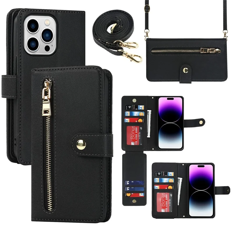 For iPhone 15 Pro Stand Case PU Leather Phone Cover with Straps  /  Zipper Wallet  /  Multiple Card Slots - Black