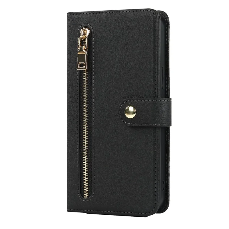 For iPhone 15 Pro Stand Case PU Leather Phone Cover with Straps  /  Zipper Wallet  /  Multiple Card Slots - Black