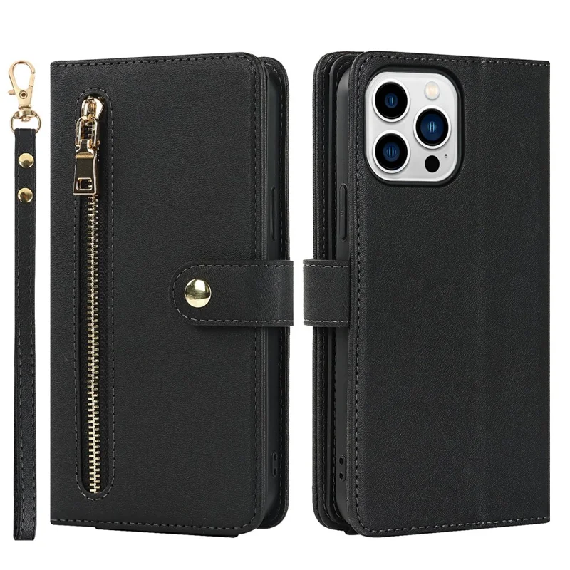 For iPhone 15 Pro Stand Case PU Leather Phone Cover with Straps  /  Zipper Wallet  /  Multiple Card Slots - Black