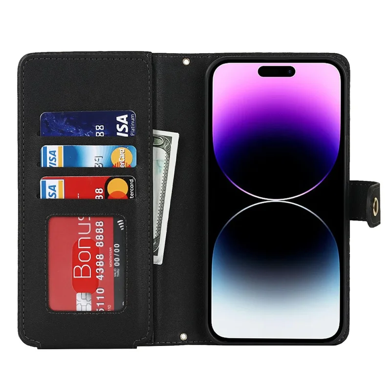 For iPhone 15 Pro Stand Case PU Leather Phone Cover with Straps  /  Zipper Wallet  /  Multiple Card Slots - Black