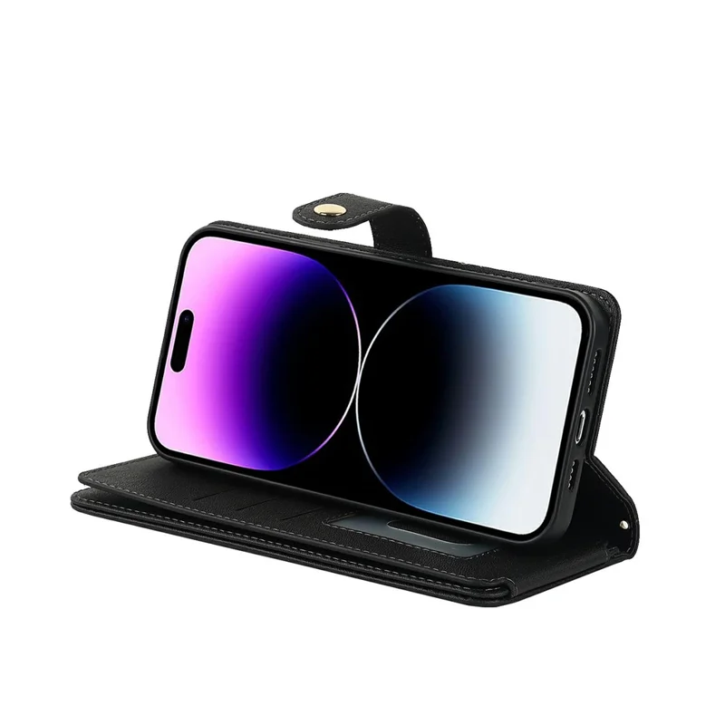 For iPhone 15 Pro Stand Case PU Leather Phone Cover with Straps  /  Zipper Wallet  /  Multiple Card Slots - Black