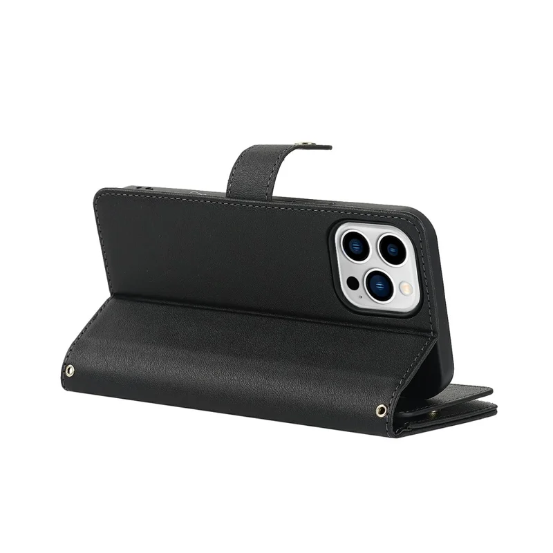 For iPhone 15 Pro Stand Case PU Leather Phone Cover with Straps  /  Zipper Wallet  /  Multiple Card Slots - Black