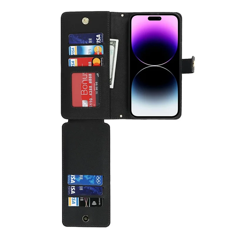 For iPhone 15 Pro Stand Case PU Leather Phone Cover with Straps  /  Zipper Wallet  /  Multiple Card Slots - Black