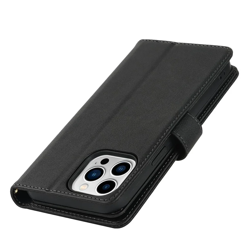 For iPhone 15 Pro Stand Case PU Leather Phone Cover with Straps  /  Zipper Wallet  /  Multiple Card Slots - Black