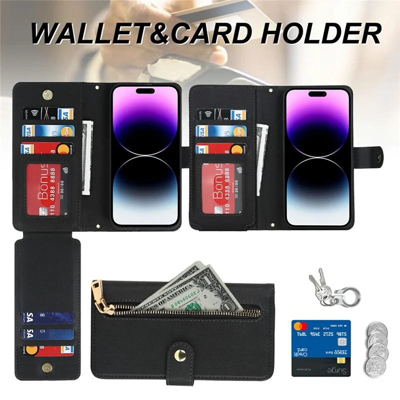 For iPhone 15 Pro Stand Case PU Leather Phone Cover with Straps  /  Zipper Wallet  /  Multiple Card Slots - Black