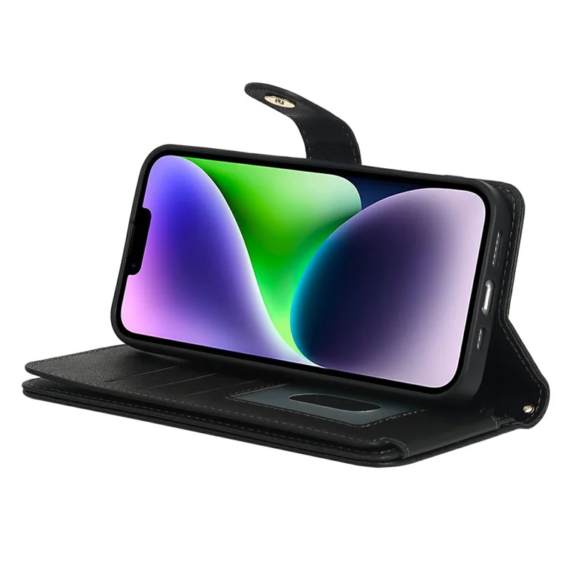 For iPhone 15 Plus Stand Case PU Leather Phone Cover with Straps  /  Zipper Wallet  /  Multiple Card Slots - Black