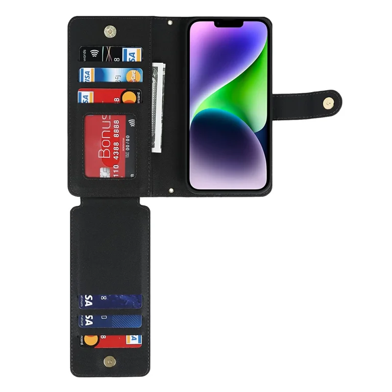 For iPhone 15 Plus Stand Case PU Leather Phone Cover with Straps  /  Zipper Wallet  /  Multiple Card Slots - Black