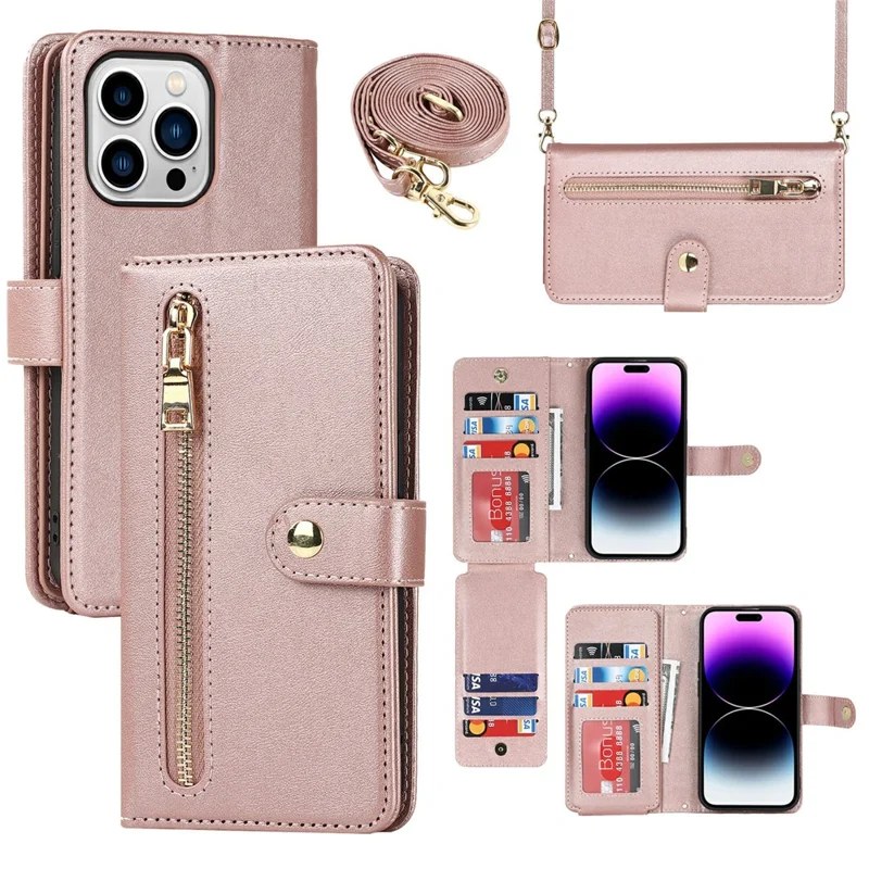 For iPhone 15 Pro Max Stand Case PU Leather Phone Cover with Straps  /  Zipper Wallet  /  Multiple Card Slots - Rose Gold
