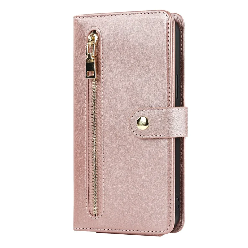 For iPhone 15 Pro Max Stand Case PU Leather Phone Cover with Straps  /  Zipper Wallet  /  Multiple Card Slots - Rose Gold