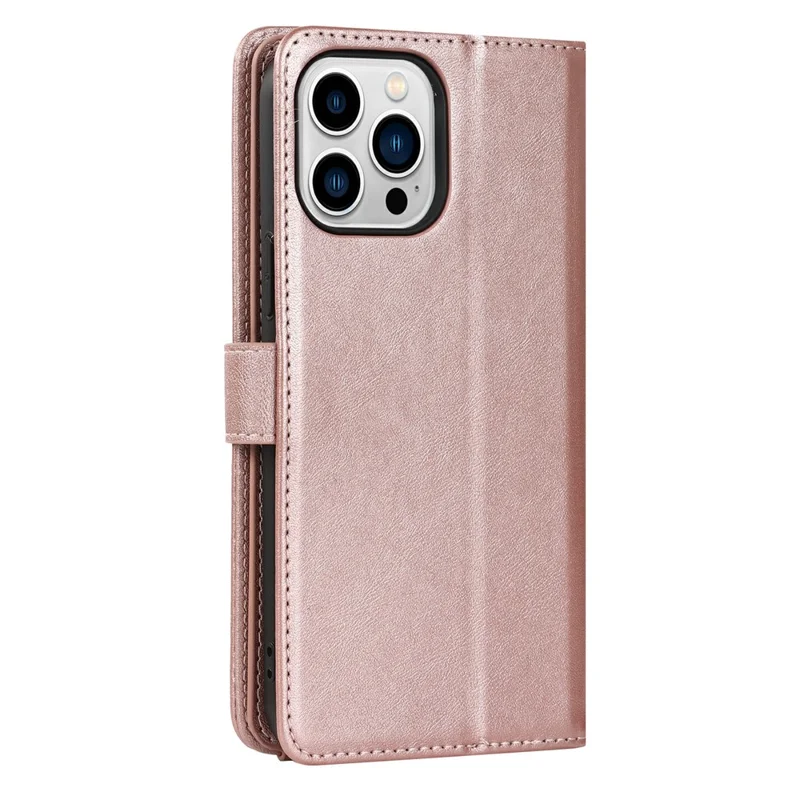 For iPhone 15 Pro Max Stand Case PU Leather Phone Cover with Straps  /  Zipper Wallet  /  Multiple Card Slots - Rose Gold