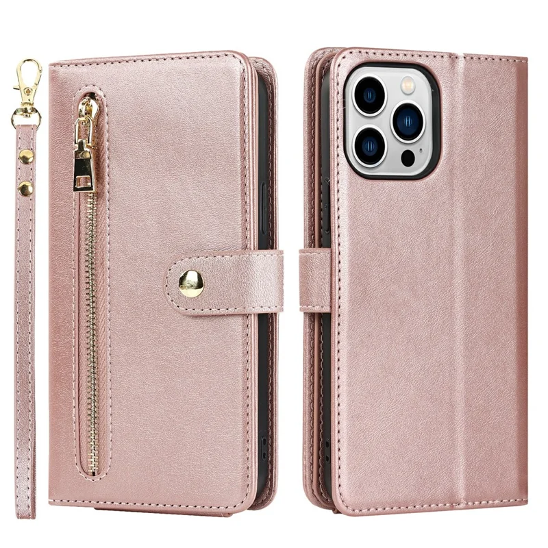 For iPhone 15 Pro Max Stand Case PU Leather Phone Cover with Straps  /  Zipper Wallet  /  Multiple Card Slots - Rose Gold