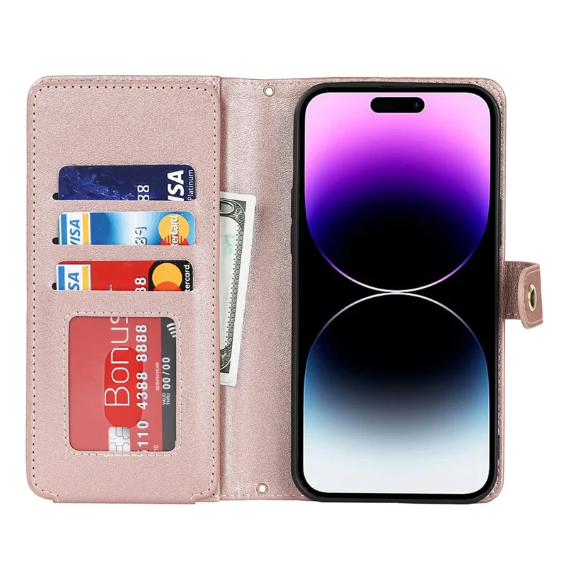 For iPhone 15 Pro Max Stand Case PU Leather Phone Cover with Straps  /  Zipper Wallet  /  Multiple Card Slots - Rose Gold