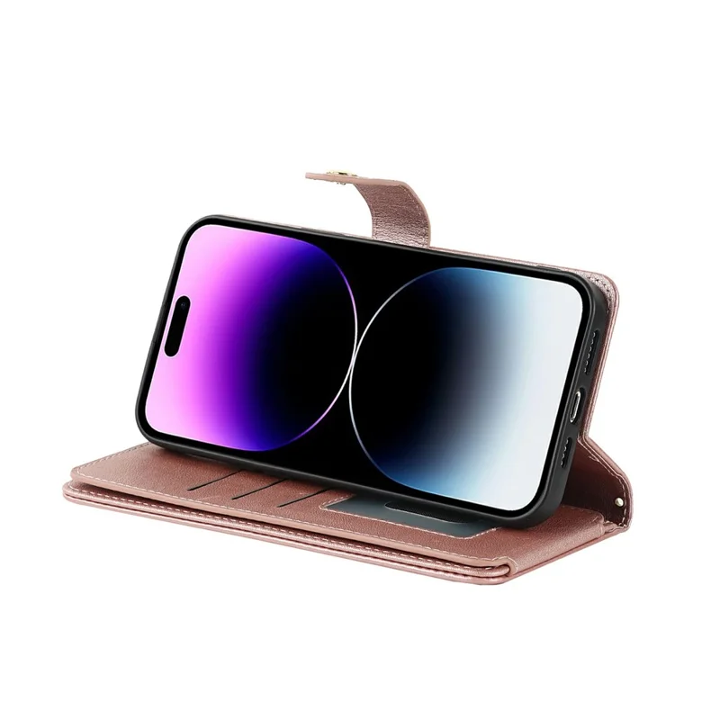 For iPhone 15 Pro Max Stand Case PU Leather Phone Cover with Straps  /  Zipper Wallet  /  Multiple Card Slots - Rose Gold