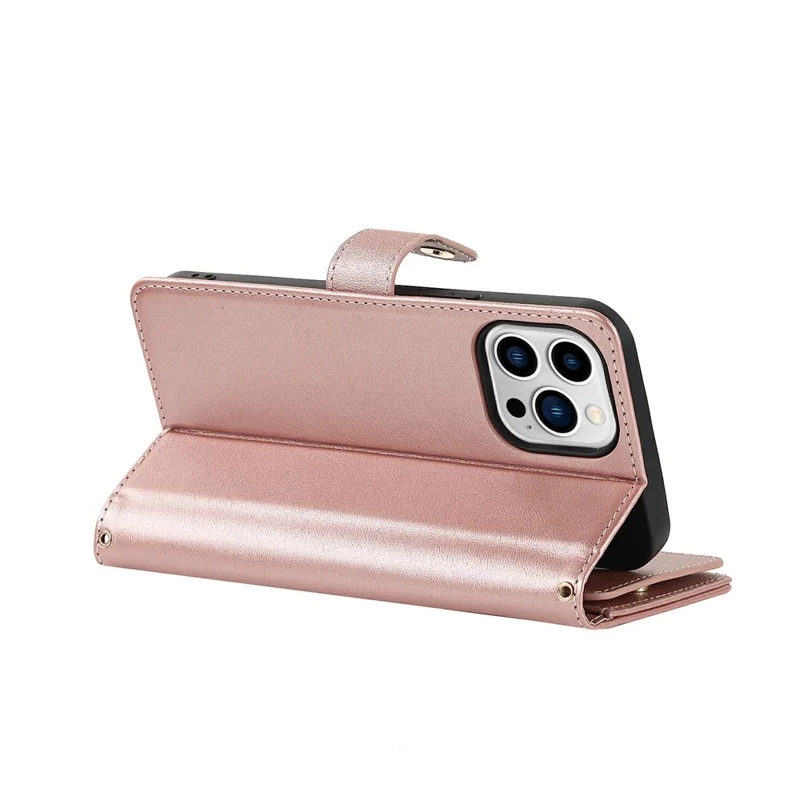 For iPhone 15 Pro Max Stand Case PU Leather Phone Cover with Straps  /  Zipper Wallet  /  Multiple Card Slots - Rose Gold