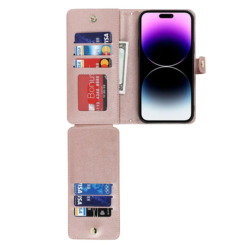 For iPhone 15 Pro Max Stand Case PU Leather Phone Cover with Straps  /  Zipper Wallet  /  Multiple Card Slots - Rose Gold