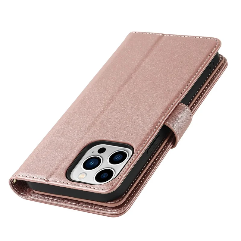 For iPhone 15 Pro Max Stand Case PU Leather Phone Cover with Straps  /  Zipper Wallet  /  Multiple Card Slots - Rose Gold