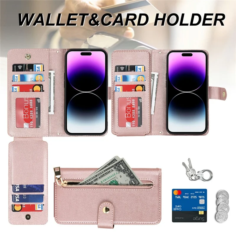 For iPhone 15 Pro Max Stand Case PU Leather Phone Cover with Straps  /  Zipper Wallet  /  Multiple Card Slots - Rose Gold