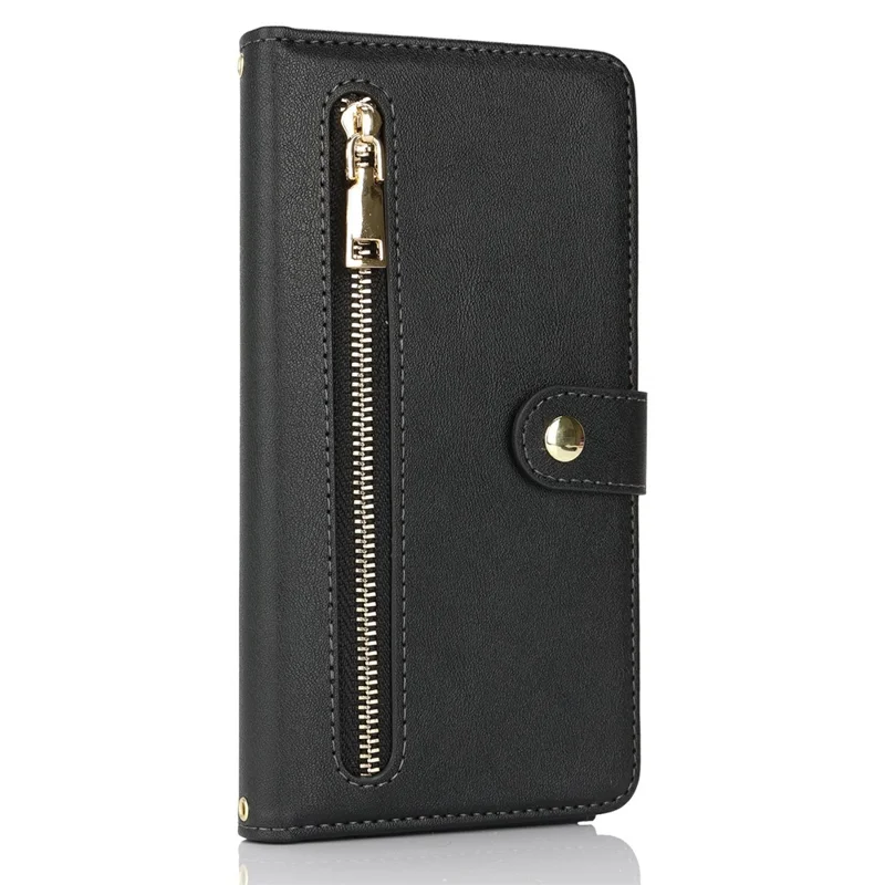 Per iPhone 16 Custodia Stand Custodia in pelle PU con cinghie / Portafoglio con cerniera / Più slot per schede - Nero