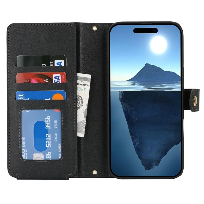 Per iPhone 16 Custodia Stand Custodia in pelle PU con cinghie / Portafoglio con cerniera / Più slot per schede - Nero