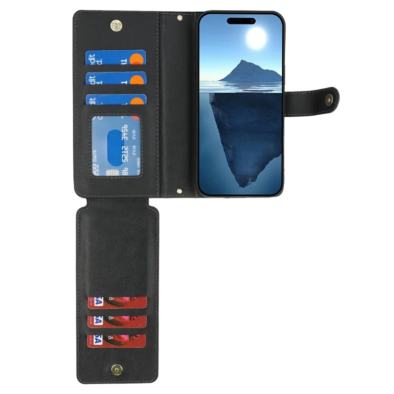 Per iPhone 16 Custodia Stand Custodia in pelle PU con cinghie / Portafoglio con cerniera / Più slot per schede - Nero