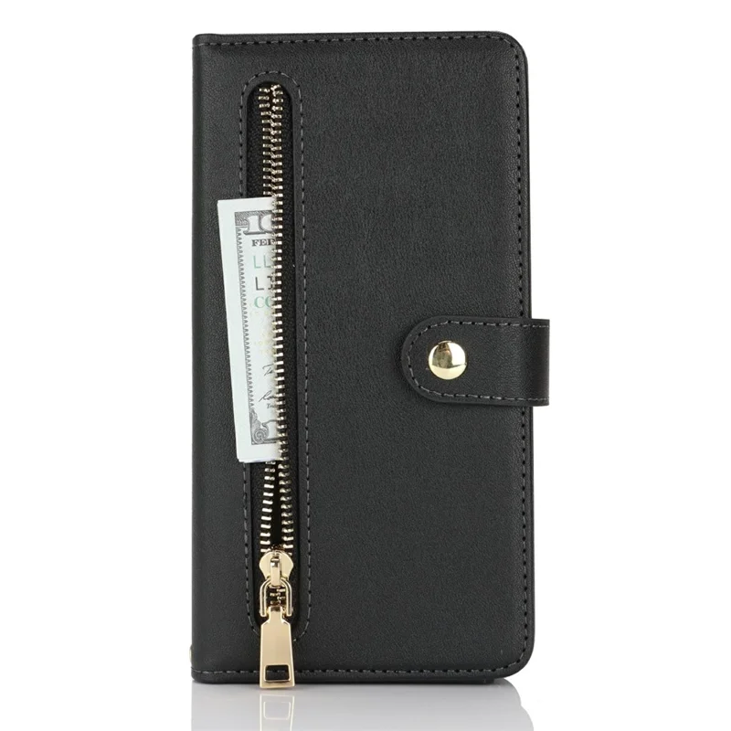 Per iPhone 16 Custodia Stand Custodia in pelle PU con cinghie / Portafoglio con cerniera / Più slot per schede - Nero