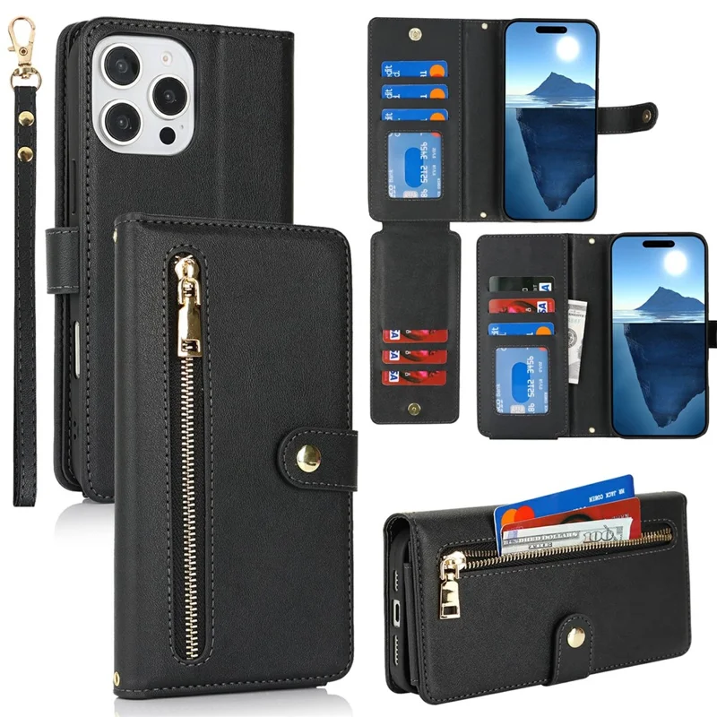 For iPhone 16 Pro Stand Case PU Leather Phone Cover with Straps  /  Zipper Wallet  /  Multiple Card Slots - Black
