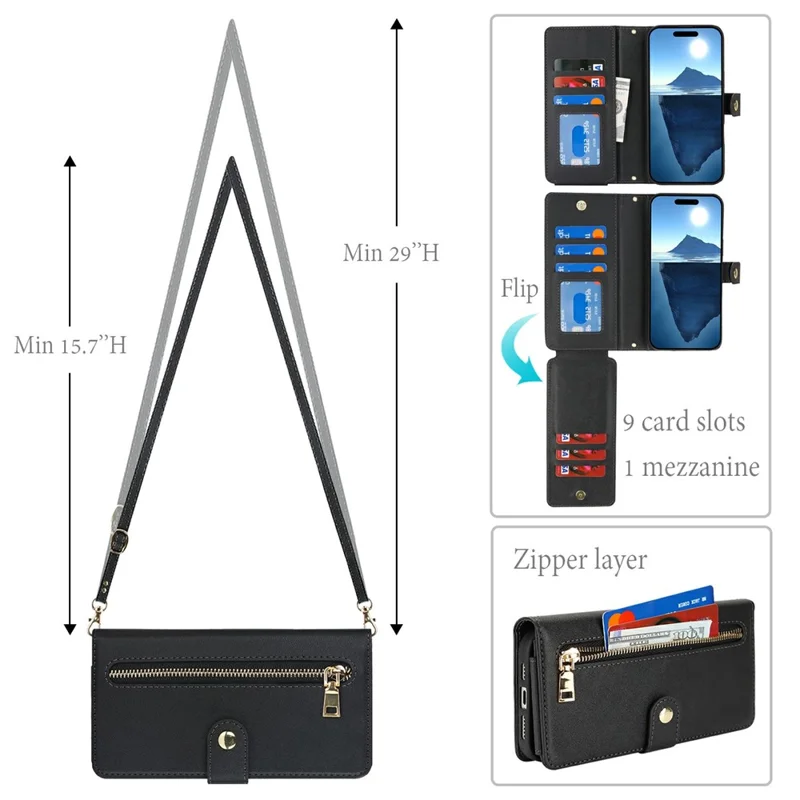 For iPhone 16 Pro Stand Case PU Leather Phone Cover with Straps  /  Zipper Wallet  /  Multiple Card Slots - Black