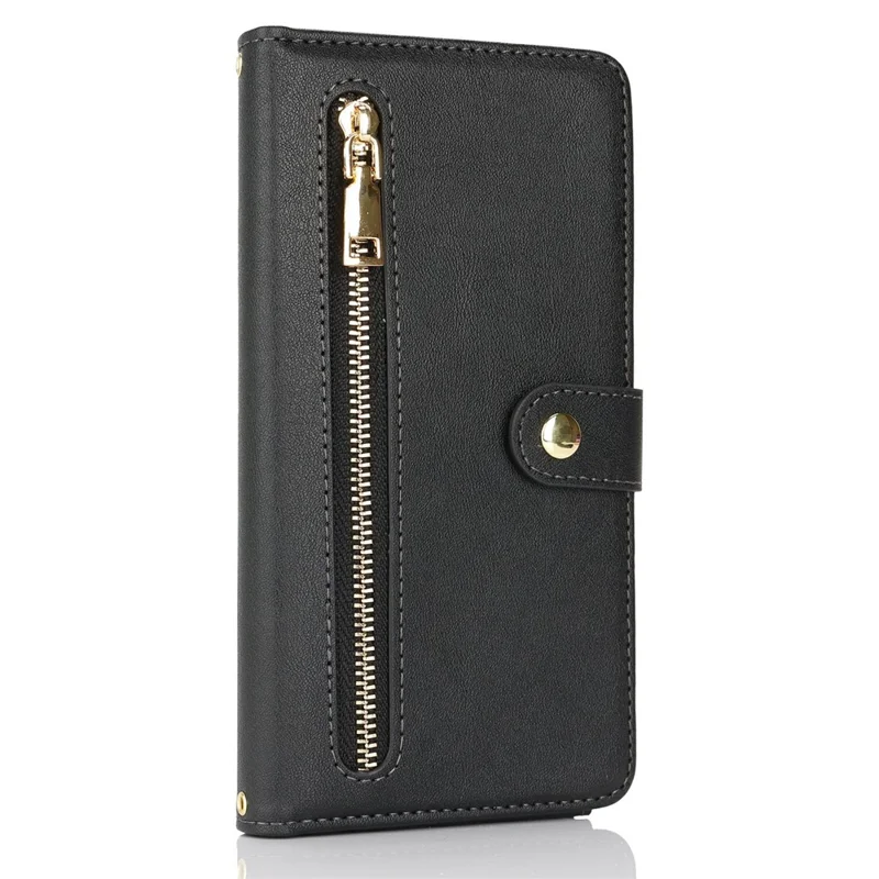 For iPhone 16 Pro Stand Case PU Leather Phone Cover with Straps  /  Zipper Wallet  /  Multiple Card Slots - Black