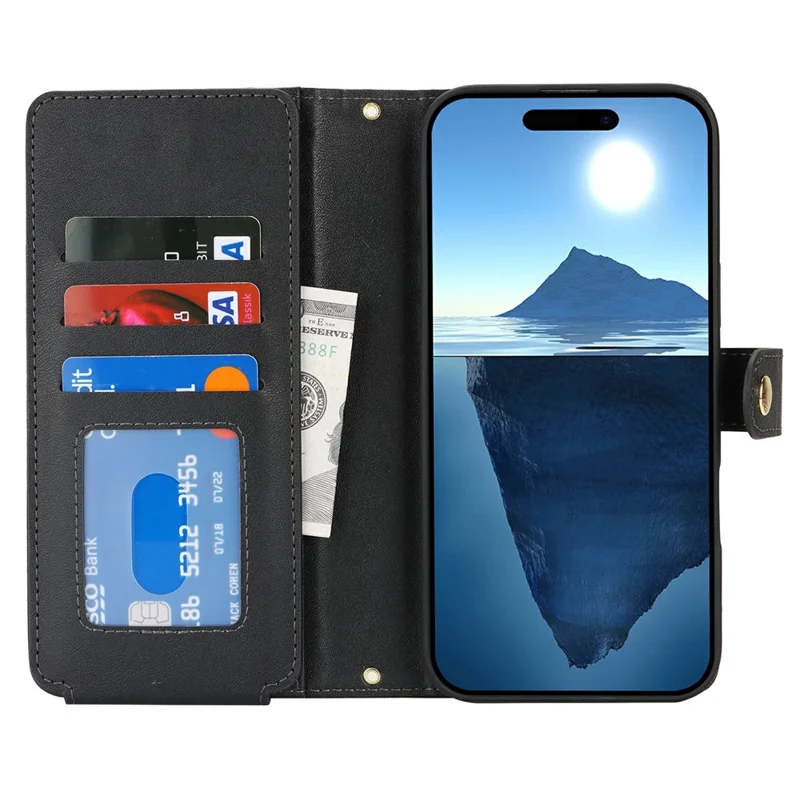For iPhone 16 Pro Stand Case PU Leather Phone Cover with Straps  /  Zipper Wallet  /  Multiple Card Slots - Black