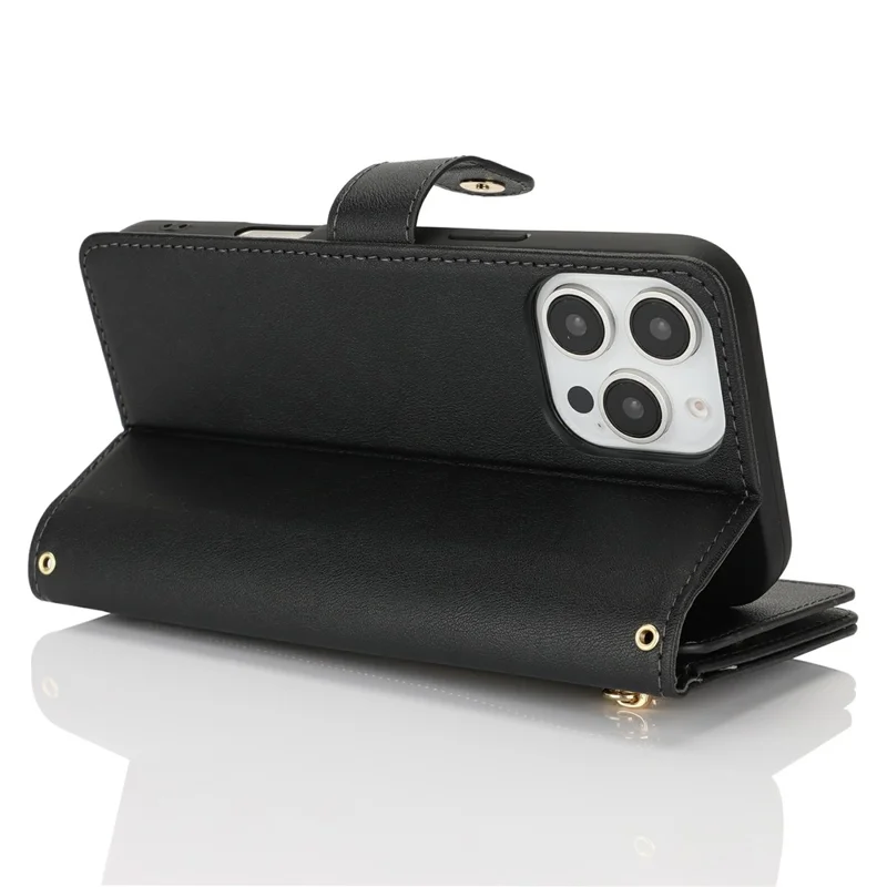 For iPhone 16 Pro Stand Case PU Leather Phone Cover with Straps  /  Zipper Wallet  /  Multiple Card Slots - Black