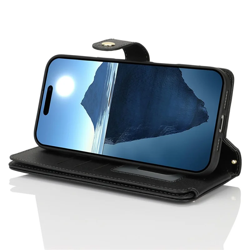 For iPhone 16 Pro Stand Case PU Leather Phone Cover with Straps  /  Zipper Wallet  /  Multiple Card Slots - Black
