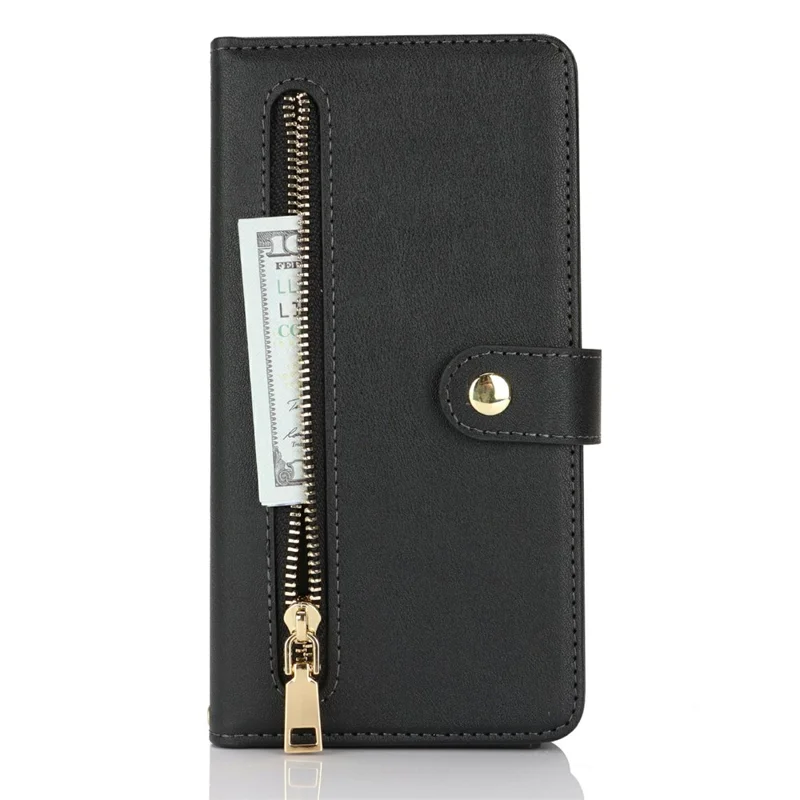 For iPhone 16 Pro Stand Case PU Leather Phone Cover with Straps  /  Zipper Wallet  /  Multiple Card Slots - Black