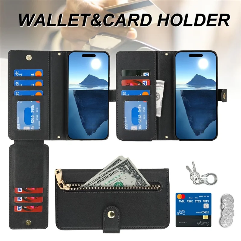 For iPhone 16 Pro Stand Case PU Leather Phone Cover with Straps  /  Zipper Wallet  /  Multiple Card Slots - Black