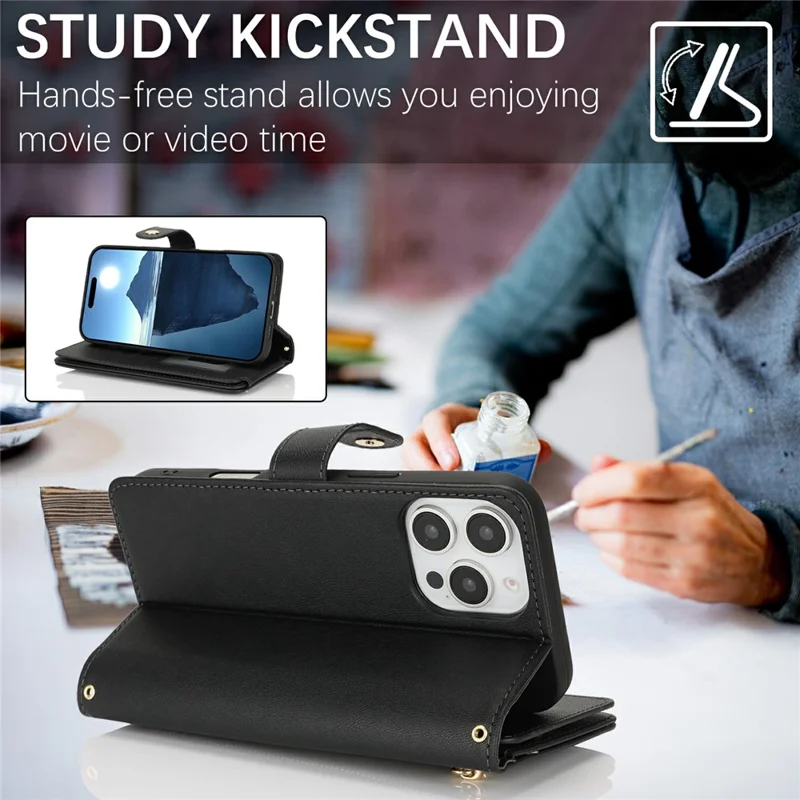 For iPhone 16 Pro Stand Case PU Leather Phone Cover with Straps  /  Zipper Wallet  /  Multiple Card Slots - Black