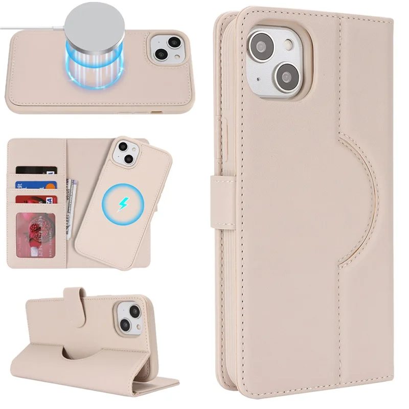 Für iPhone 15 Wallet Hülle Kompatibel mit MagSafe Stoßfest Abnehmbare PU-Leder Handyhülle - Beige