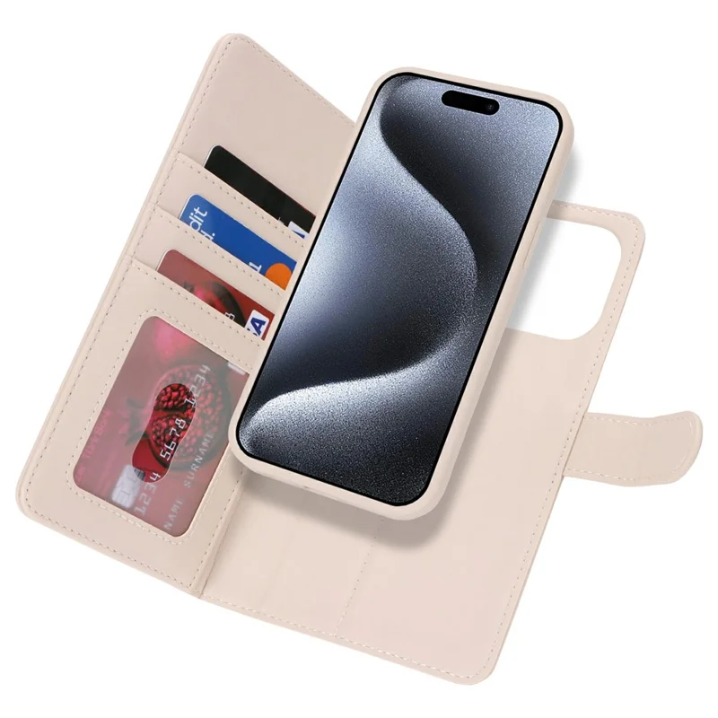 For iPhone 15 Pro Wallet Case Compatible with MagSafe Anti-Drop Detachable PU Leather Phone Cover - Beige