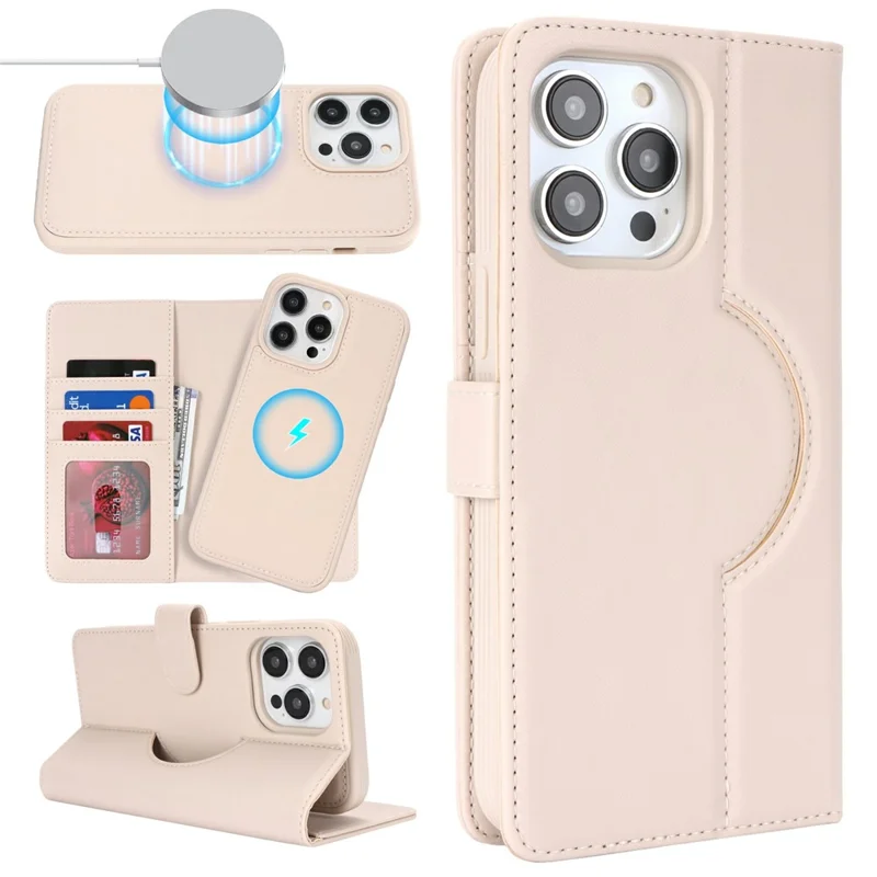 For iPhone 15 Pro Max Wallet Case Compatible with MagSafe Anti-Drop Detachable PU Leather Phone Cover - Beige