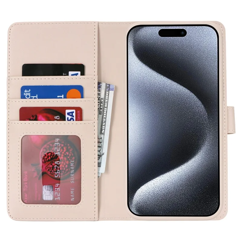 For iPhone 15 Pro Max Wallet Case Compatible with MagSafe Anti-Drop Detachable PU Leather Phone Cover - Beige